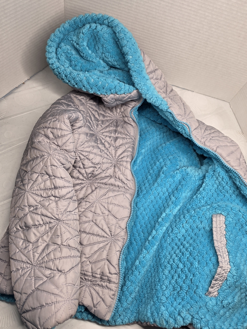 Pacific Trail Girls Light Gray Quilted Puffer with Bright Blue Sherpa Hood